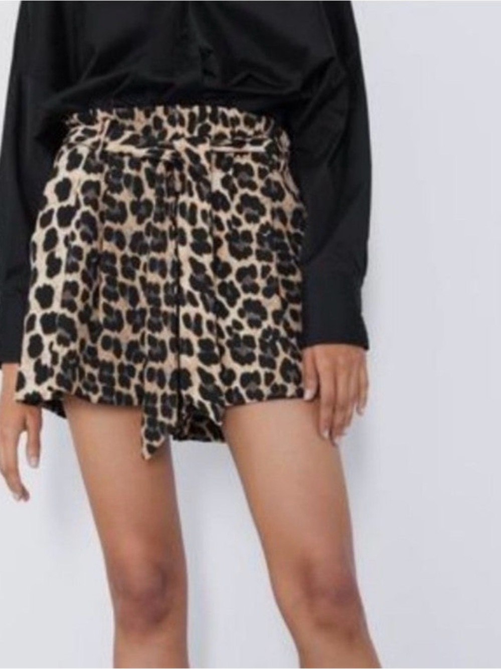 Zara Leopard Print Elastic-Waist Shorts in Black and Tan